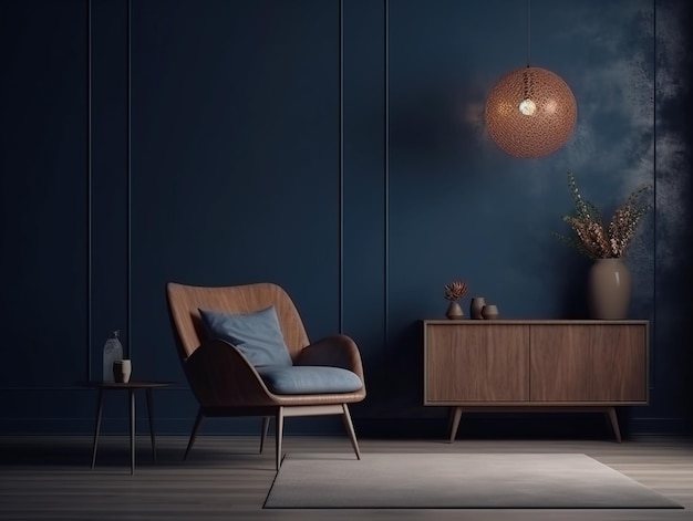 Living room interior mockup in warm tones with armchair on empty dark blue wall background