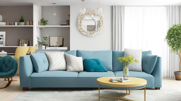 Living room interior in modern style with sofa and decorations