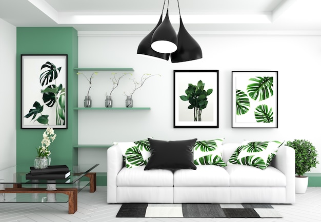 Living room interior - room modern tropical style with composition - minimal design. 3D re