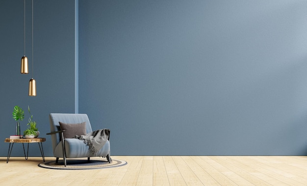 Living room interior room wall mockup in dark tones and blue armchair with coffee table3d rendering