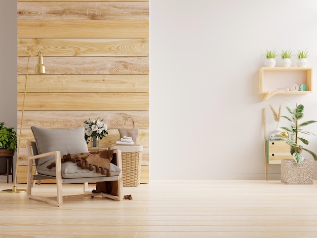 Living room interior room wall mockup in warm tones with armchair on wooden flooring3d rendering