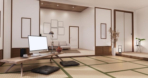 Living room interior on tatami mat floor computer on low table and pillow3D rendering