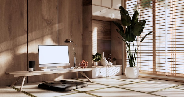 Living room interior on tatami mat floor computer on low table and pillow3D rendering