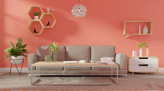 Living room interior wall mock up with pink tufted sofa