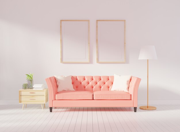 Интерьер гостиной стены макет с розовым тафтинговым диваном