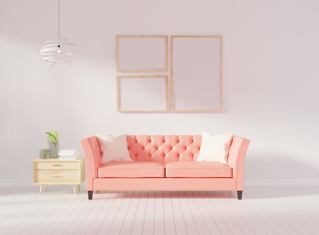 Living room interior wall mock up with pink tufted sofa