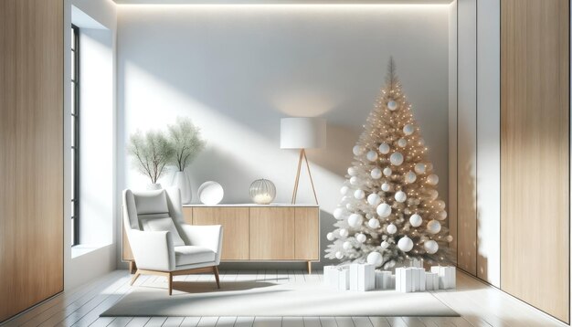 Living room interior wall mock up with white armchari and decorated christmas tree on empty white background