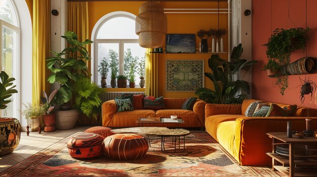 Living room interior wall mockup in warm tones AI Generative