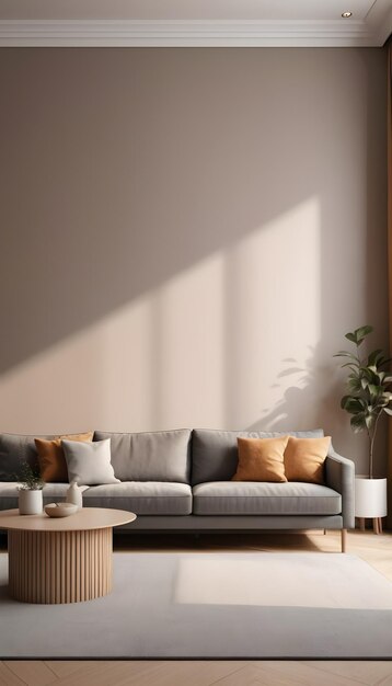 Living room interior wall mockup in warm tones with gray sofa which is behind the dining room