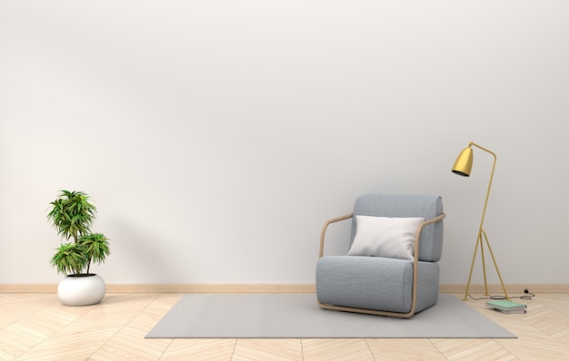 Living Room interior wall mockup with fabric armchair golden lamp and plants