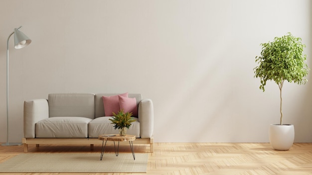 Living room interior wall mockup with sofa and table on white background3d rendering