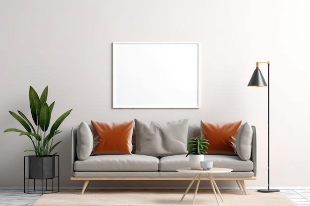 Living room interior wall mockup with sofa and table on white background