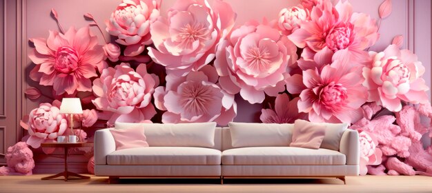 living room interior wallpaper with beautiful pink peonies on the wall near the sofa