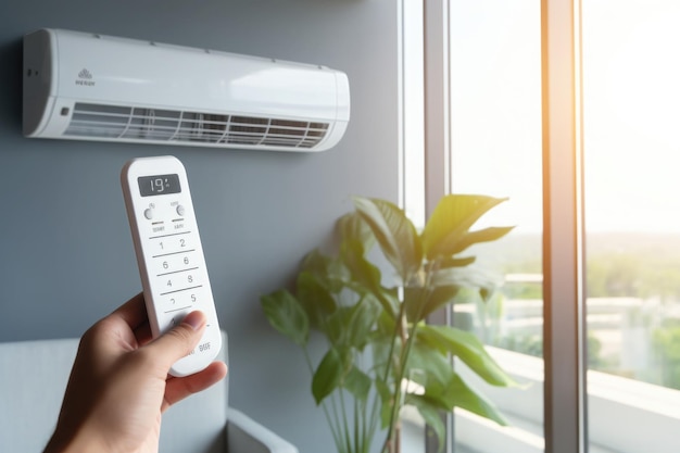 エアコン付きのリビング ルームのインテリア暑い夏の室内の涼しい空気で家の快適な温度を調整します。