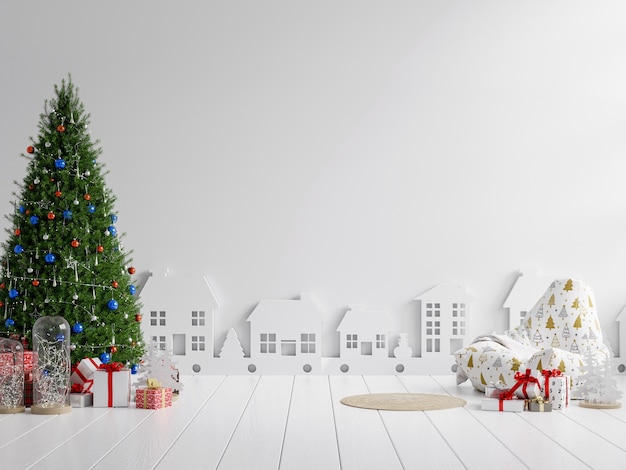 Interiore del soggiorno con poltrona e albero di natale decorato su sfondo bianco vuoto.3d rendering