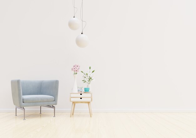 Living Room Interior with chair, plants, cabinet and lamp on empty white wall background 