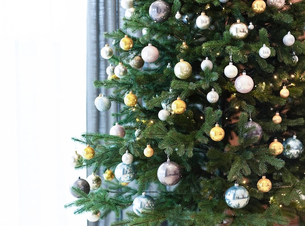 Living room interior with Christmas tree and decorations.