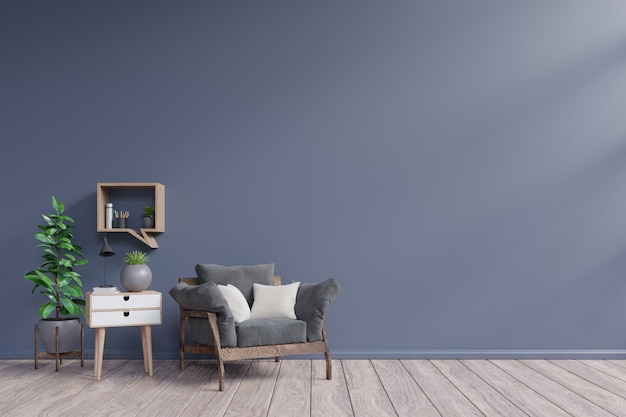 Living Room Interior with dark armchair, plants,lamp, cabinet