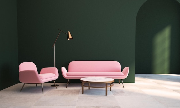 living room interior with dark green walls, a checkered floor, a coffee table and a pink couch with an armchair near it. 3d rendering mock up