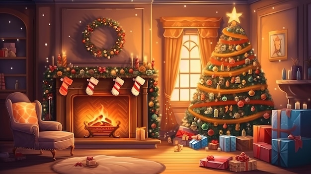 装飾された暖炉とクリスマス ツリーのあるリビング ルームのインテリア Generative Ai