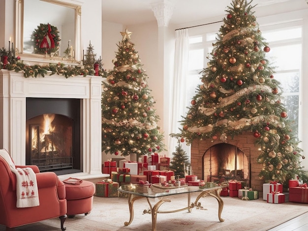 Living room interior with decorated fireplace