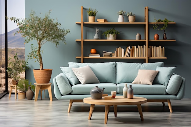 Living room interior with double light cyan color sofa and tea table with pastelcolored wall