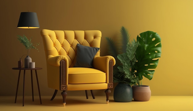 Living room interior with fabric armchair lamp book and plants on empty yellow wall background