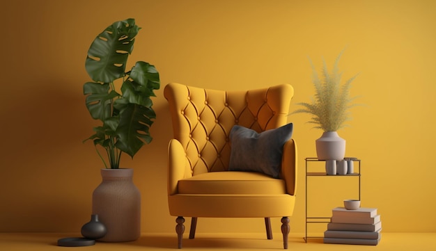 Living room interior with fabric armchair lamp book and plants on empty yellow wall background