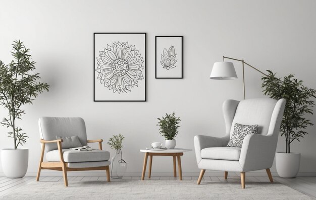 Living room interior with fabric armchair and plants on empty wall background