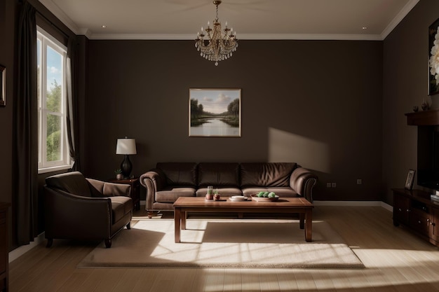 The living room interior with furniture and a chandelier