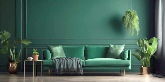 Living room interior with green sofa and decoration room on empty dark green wall background Banner Copyspace