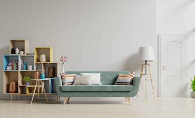 living room interior with green sofa with flowers on empty white wall 