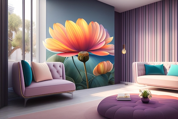 Living room interior with large flowers on the wall