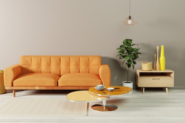 a living room interior with an orange