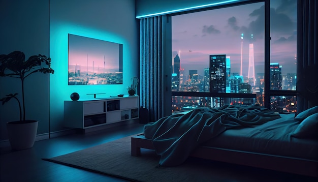 Living room interior with panoramic window at night time dark apartment neon city view AI generated