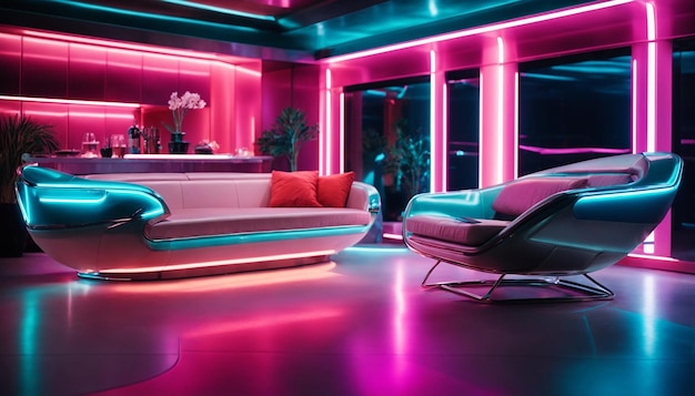 Living room interior with panoramic window at night time with neon lights