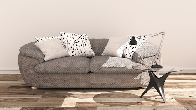 Photo living room interior with pillow on sofa and lamp on table glass, scandinavian style.