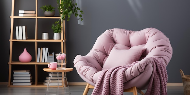 Photo living room interior with pink armchair lamp bookshelf and plant