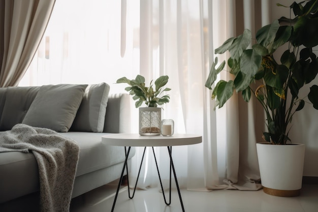 Living room interior with plants and sofa near wooden table