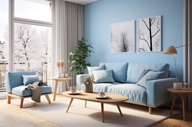 living room interior with posters on the wall