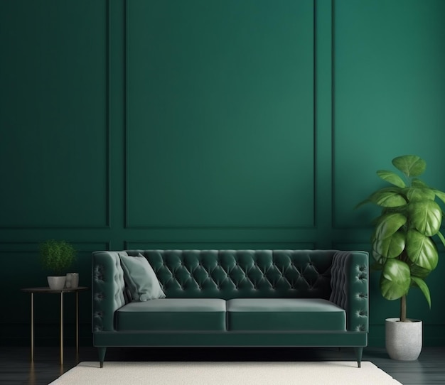 Living room interior with sofa on dark green background