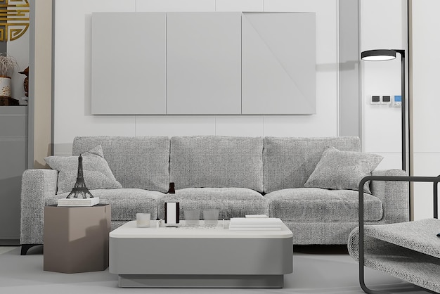 Интерьер гостиной с диваном и декорацией Мокет копии пространства стены 3D рендеринг
