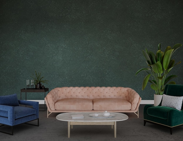 Living room interior with sofa on empty wall mockup