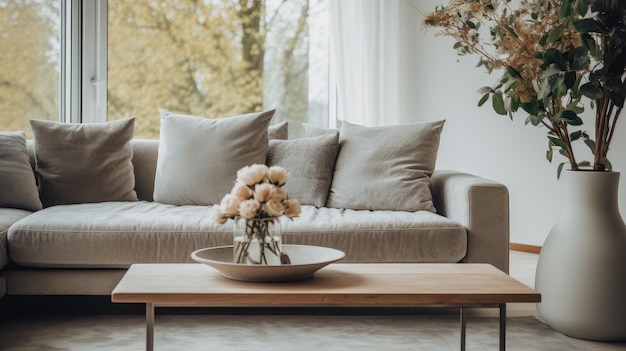 Фото Интерьер гостиной с диванными подушками и вазой с цветами