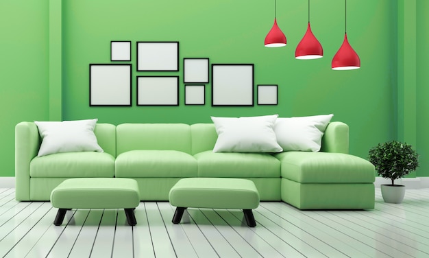 интерьер гостиной с диван растений и лампа на фоне зеленой стены. 3D рендеринг