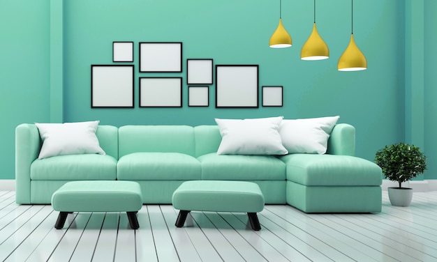 living room interior with sofa plants and lamp on mint wall background. 3D rendering