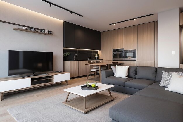 Living room interior with sofa and tv apartment