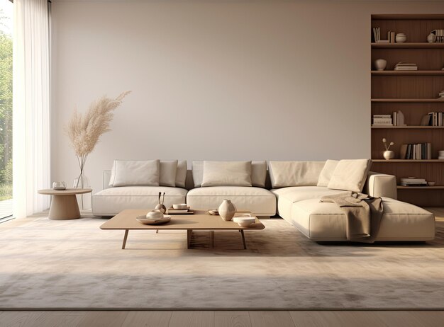 Living room interior with stylish furniture focus on soft carpet Created with Generative AI technology