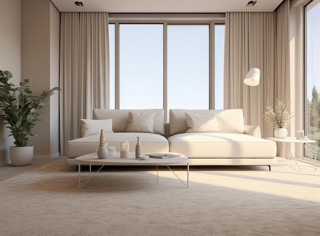 Living room interior with stylish furniture focus on soft carpet Created with Generative AI technology