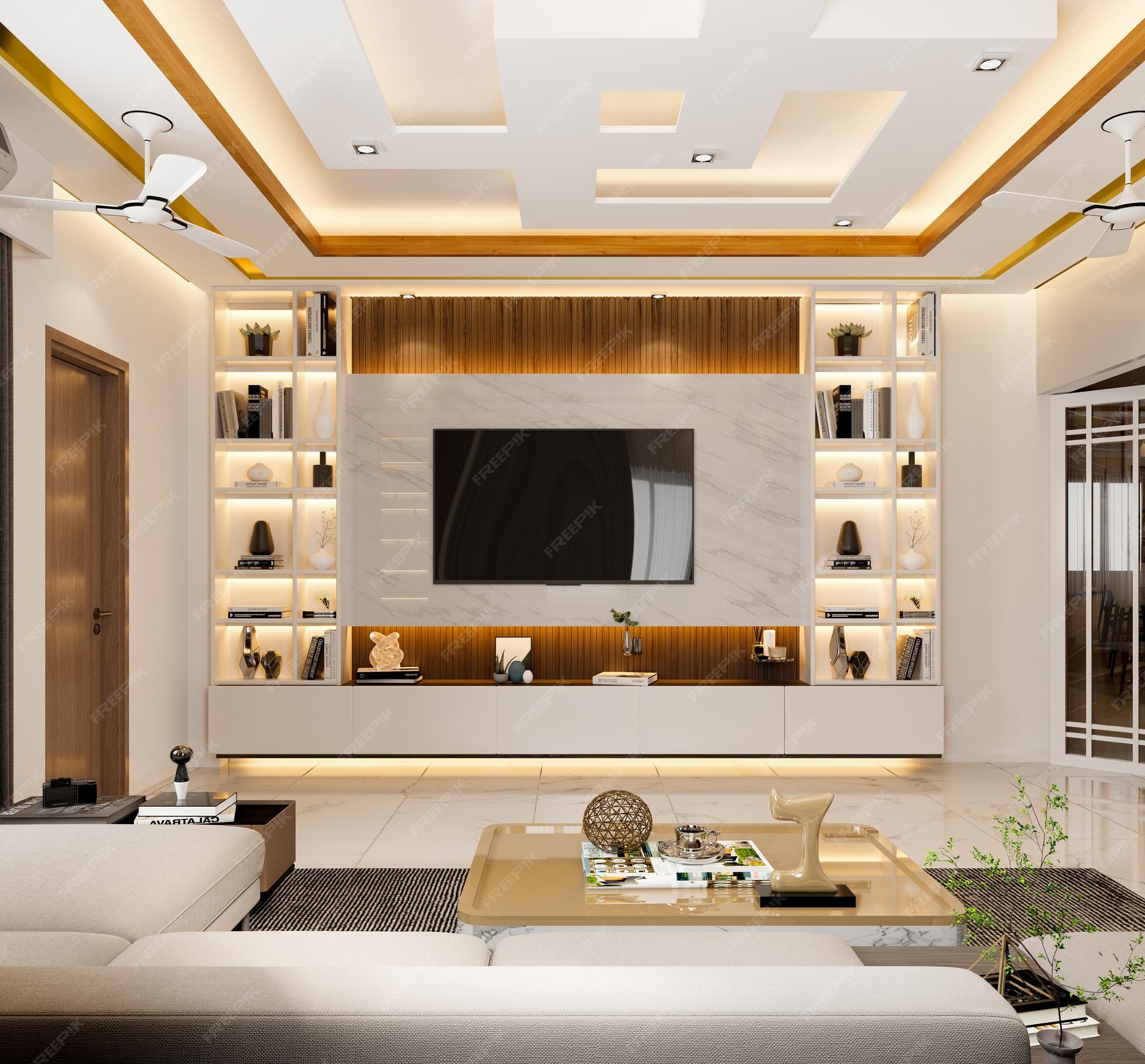 Premium Photo Living room interior with tv and ceiling